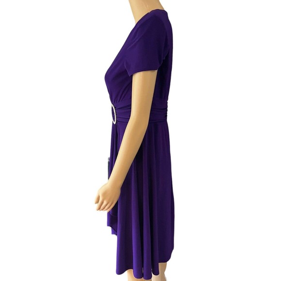 Johns Girl Royal Purple Vintage Faux Wrap Studded Broach Midi Dress Size 6 - Picture 2 of 7